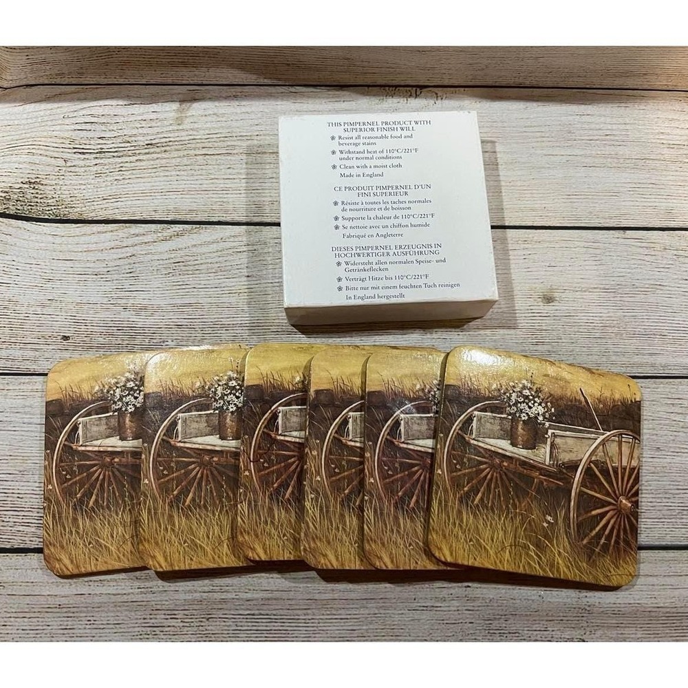 Lot of 6 Pimpernel Coasters Wood Wagon Wheel Flowers Country Farm England TubH2